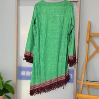 Retro Print Fringe Hem Dress – Boho Chic V-Neck Long Sleeve Asymmetrical Midi for Spring & Summer