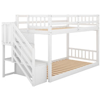 Twin Over Twin Floor Bunk Bed – White Finish, Built‑In Ladder & Storage Shelf  Space‑Saving Kids’ Room Solution