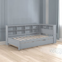 Twin Size Wooden Daybed with Trundle – Built‑In Shelf & USB Charging Ports, Space‑Saving Design in Grey Finish