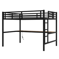 Metal Full XL Loft Bed – Space-Saving Frame with Built-In Power Outlet, LED Lighting & Noise-Reduced Design (Black)
