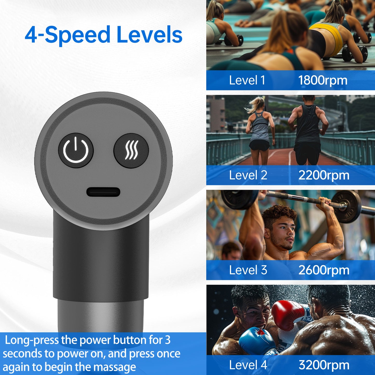 Professional Deep Tissue Massage Gun With Heat Therapy - 3 Interchangeable Heads, 5 Speed Levels, Rechargeable Percussion Muscle Relaxer For Back, Neck & Leg Pain Relief, USB-C Charging