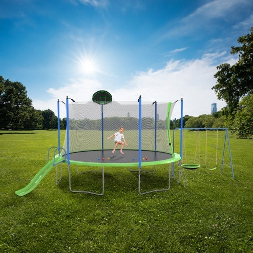 12ft Backyard Trampoline with Slide, Swings & Basketball Hoop – ASTM‑Approved Outdoor Play Set for Kids & Adults