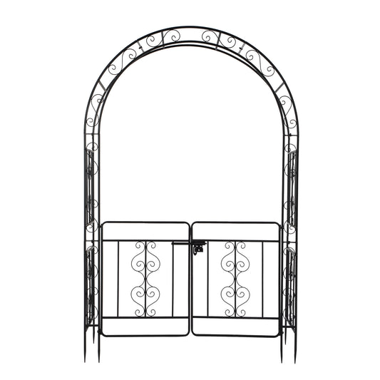 7ft Black Wrought Iron Garden Arch with Door – Double‑Decked Rounded Roof Trellis for Climbing Plants & Outdoor Décor
