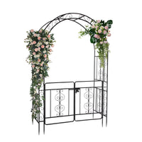 7ft Black Wrought Iron Garden Arch with Door – Double‑Decked Rounded Roof Trellis for Climbing Plants & Outdoor Décor