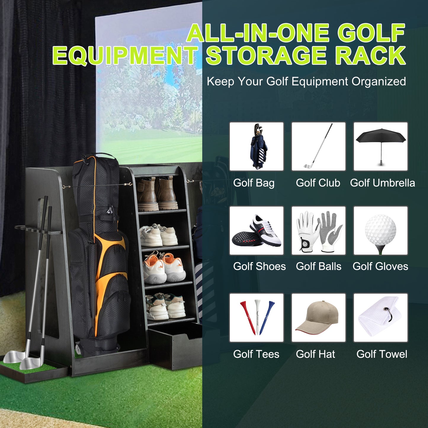 55.5 L X 16 W X 37 H In Wooden Golf Bag Organizer And Storage Rack,High Quality Wooden 2 Golf Bag Rack With Drawers,Easy To Assemble Golf Club Holder Stand With Club Holders On Side,Black