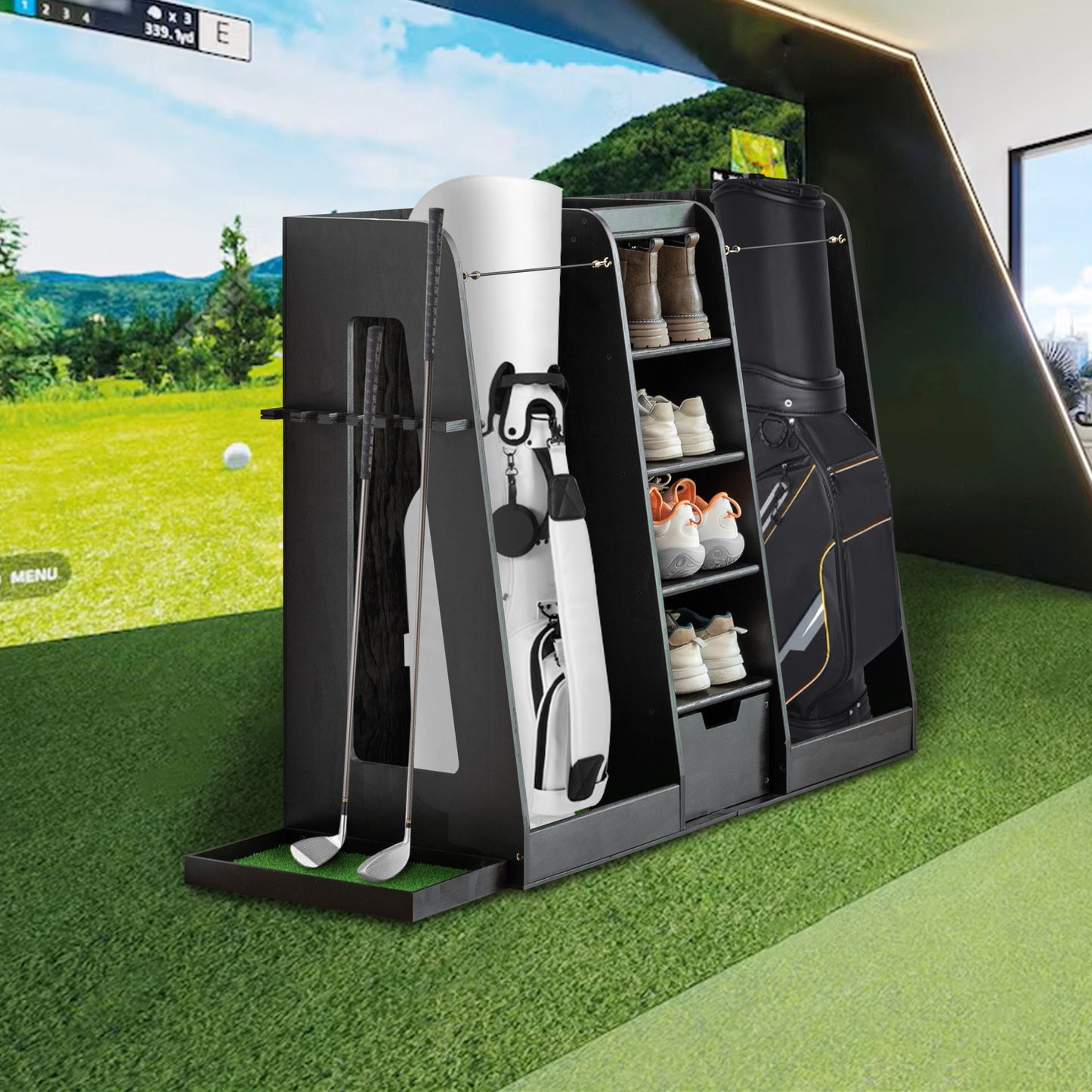 55.5 L X 16 W X 37 H In Wooden Golf Bag Organizer And Storage Rack,High Quality Wooden 2 Golf Bag Rack With Drawers,Easy To Assemble Golf Club Holder Stand With Club Holders On Side,Black