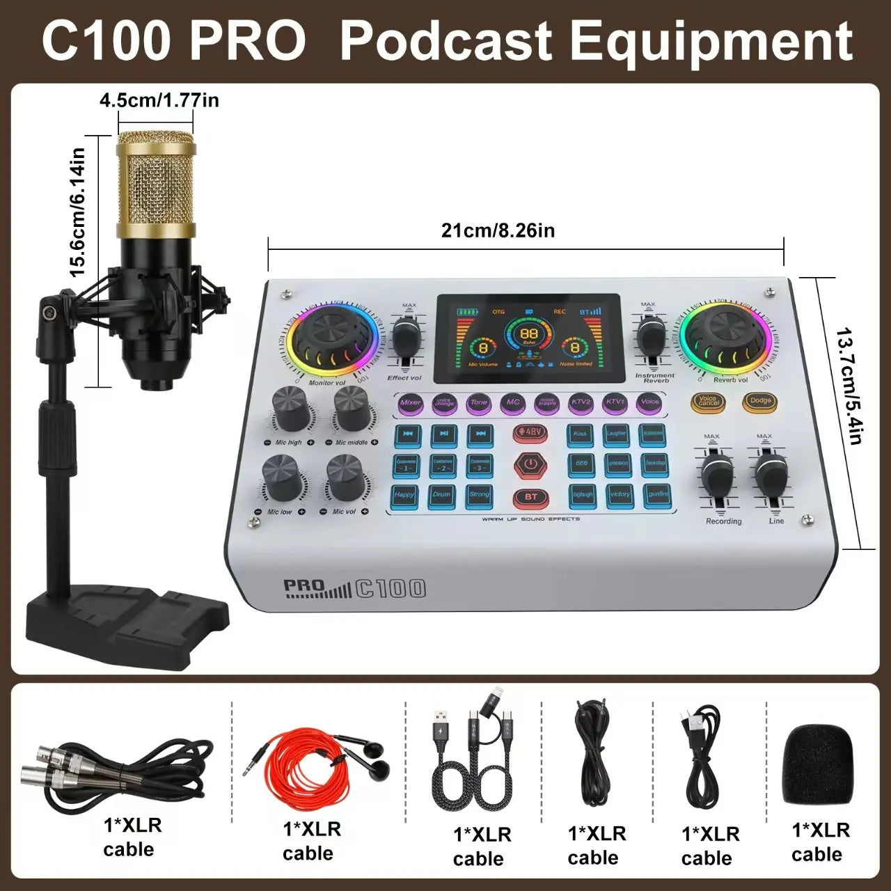 C100Pro Digital Sound Card – Portable Audio Interface with Real‑Time Voice Changer, Dual DSP, Noise Reduction & Reverb Control