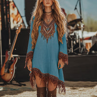 Retro Print Fringe Hem Dress – Boho Chic V-Neck Long Sleeve Asymmetrical Midi for Spring & Summer