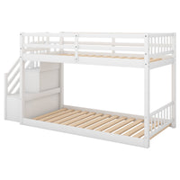 Twin Over Twin Floor Bunk Bed – White Finish, Built‑In Ladder & Storage Shelf  Space‑Saving Kids’ Room Solution