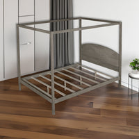 Queen Size Canopy Platform Bed – Brown Wash Finish, Sturdy Frame with Headboard & Support Legs