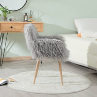 Grey Faux Fur Upholstered Chair – Makeup Vanity & Side Dining Accent with Beech‑Tone Metal Legs