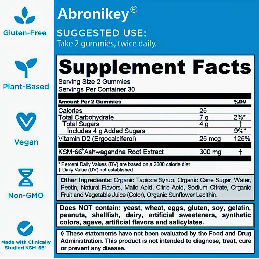 Abronikey Ashwagandha & Vitamin D Gummy-Mixed Berry, KSM-66, Vegan,PlantBased, Non-GMO, Gluten-Free & Gelatin Free