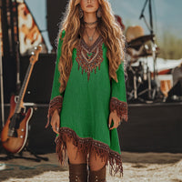 Retro Print Fringe Hem Dress – Boho Chic V-Neck Long Sleeve Asymmetrical Midi for Spring & Summer