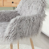 Grey Faux Fur Upholstered Chair – Makeup Vanity & Side Dining Accent with Beech‑Tone Metal Legs