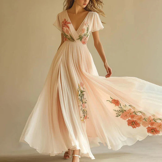 Floral Pleated Chiffon Maxi Dress – V-Neck Flutter Sleeve Beach & Wedding Guest Dress for Women