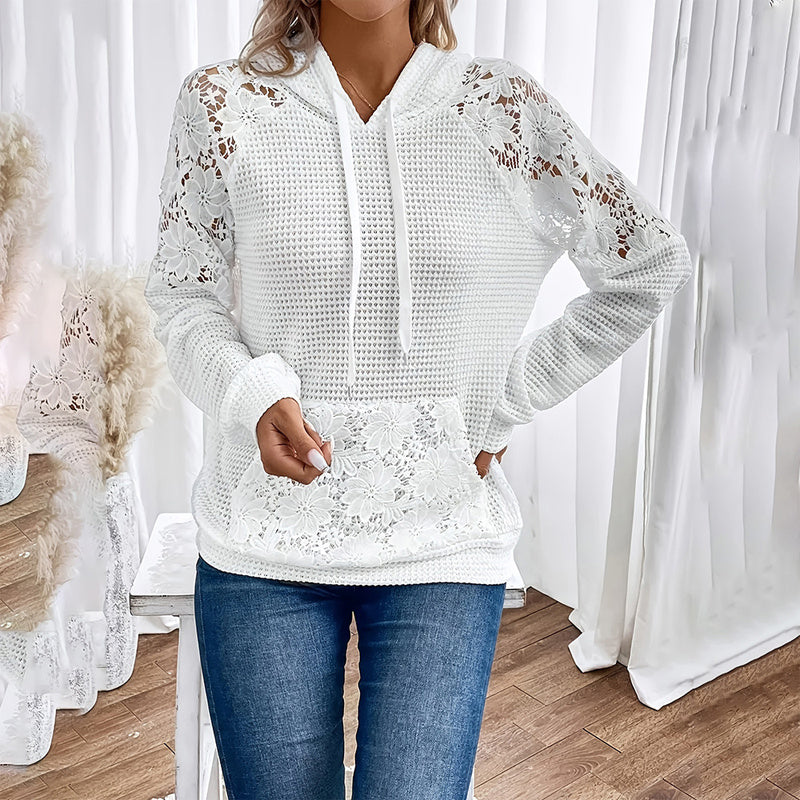 Women's Lace Sleeve Hoodie – Casual Pullover with Sheer Details & Large Lace Pockets