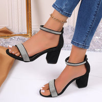 Rhinestone Chunky Heel Sandals – Open Toe Strappy Summer Shoes for Women with Square Heel Design
