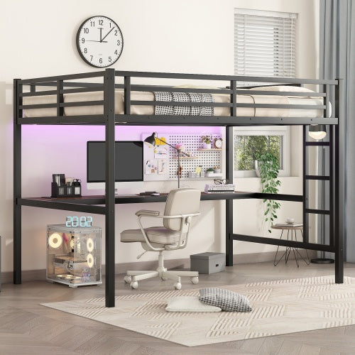 Metal Full XL Loft Bed – Space-Saving Frame with Built-In Power Outlet, LED Lighting & Noise-Reduced Design (Black)