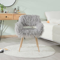 Grey Faux Fur Upholstered Chair – Makeup Vanity & Side Dining Accent with Beech‑Tone Metal Legs