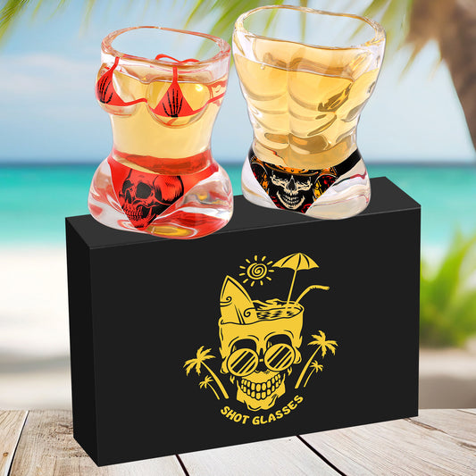 2‑Piece Skull Style Wine Glass Set – Black Muscle Man & Red Bikini Design for Bar, Party & Holiday Gifts