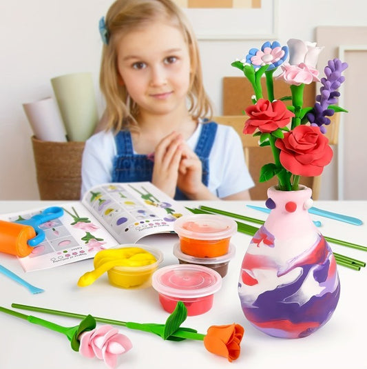 Air Dry Clay Flower Craft Kit – 10-Piece DIY Vase & Bouquet Set for Kids, Boosts Fine Motor Skills & Creativity