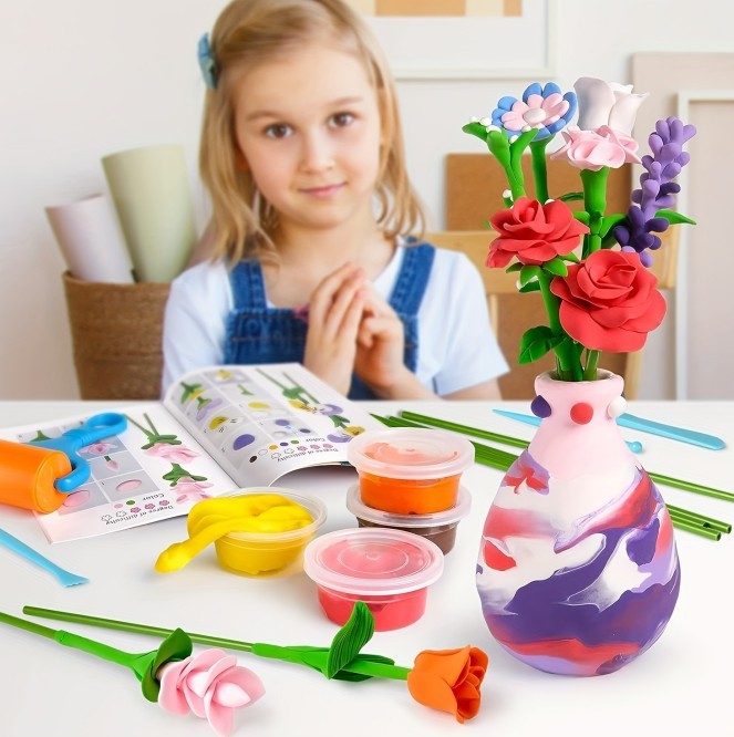 Air Dry Clay Flower Craft Kit – 10-Piece DIY Vase & Bouquet Set for Kids, Boosts Fine Motor Skills & Creativity