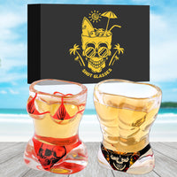 2‑Piece Skull Style Wine Glass Set – Black Muscle Man & Red Bikini Design for Bar, Party & Holiday Gifts