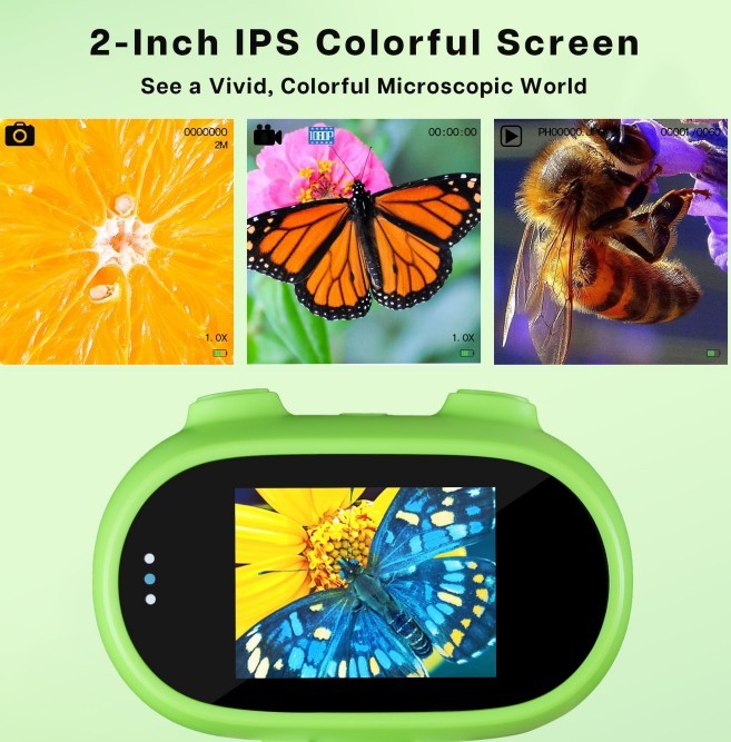 Kids' Digital Handheld Microscope – 500–1000X Zoom, 2" IPS Screen Pocket-Sized Science Toy & Educational Gift for Birthdays & Holidays
