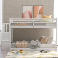 Twin Over Twin Floor Bunk Bed – White Finish, Built‑In Ladder & Storage Shelf  Space‑Saving Kids’ Room Solution