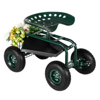 Garden Seat Cart – Deep Green Rolling Trolley with Adjustable 360° Swivel Seat, Tool Tray & Basket (330 lbs Capacity)