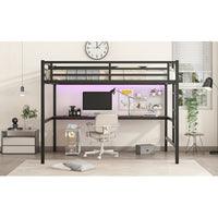Metal Full XL Loft Bed – Space-Saving Frame with Built-In Power Outlet, LED Lighting & Noise-Reduced Design (Black)