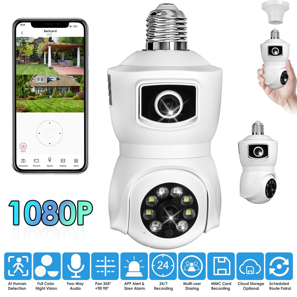 Dual‑Lens 1080P WiFi Security Camera – E27 Light Socket, AI Human Detection, 360° Panoramic View, Night Vision & Two‑Way Audio