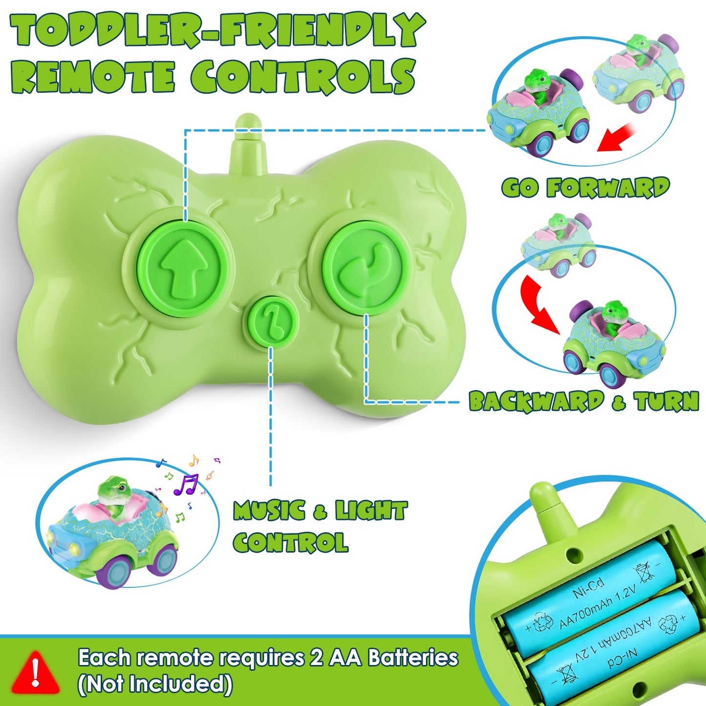2-Pack Dinosaur Remote Control Cars with Lights & Music – Rechargeable, Multiplayer Fun for Kids Ages 3+