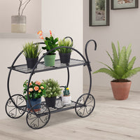 Heavy‑Duty Metal Flower Cart Plant Stand – 2‑Tier Parisian Style Steel Planter Rack for Indoor & Outdoor Décor (Black)