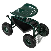 Garden Seat Cart – Deep Green Rolling Trolley with Adjustable 360° Swivel Seat, Tool Tray & Basket (330 lbs Capacity)