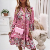Plus Size Floral Patchwork Midi Dress – Button-Front Round Neck Spring & Summer Casual Dress for Women