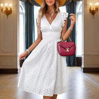 V-Neck Lace Midi Dress – Solid Color A-Line Summer Dress with Short Sleeves & Elastic Waist for Women