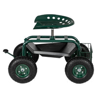 Garden Seat Cart – Deep Green Rolling Trolley with Adjustable 360° Swivel Seat, Tool Tray & Basket (330 lbs Capacity)