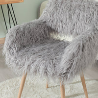 Grey Faux Fur Upholstered Chair – Makeup Vanity & Side Dining Accent with Beech‑Tone Metal Legs
