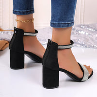 Rhinestone Chunky Heel Sandals – Open Toe Strappy Summer Shoes for Women with Square Heel Design