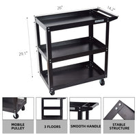 3‑Tier Tool Cart – Heavy‑Duty Steel Rolling Storage with Ball Bearing Drawer & Casters (Black)