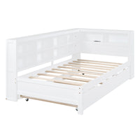 Twin Size Wooden Daybed with Trundle – White Finish, Built‑In Shelf & USB Charging Ports  Space‑Saving Guest & Kids’ Room Solution