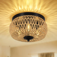 3-Lamp Woven Rattan Chandelier – Handmade Cage Lampshade Ceiling Fixture for Bedroom, Kitchen, Hallway & Porch