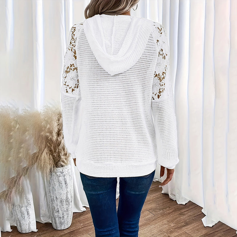 Women's Lace Sleeve Hoodie – Casual Pullover with Sheer Details & Large Lace Pockets