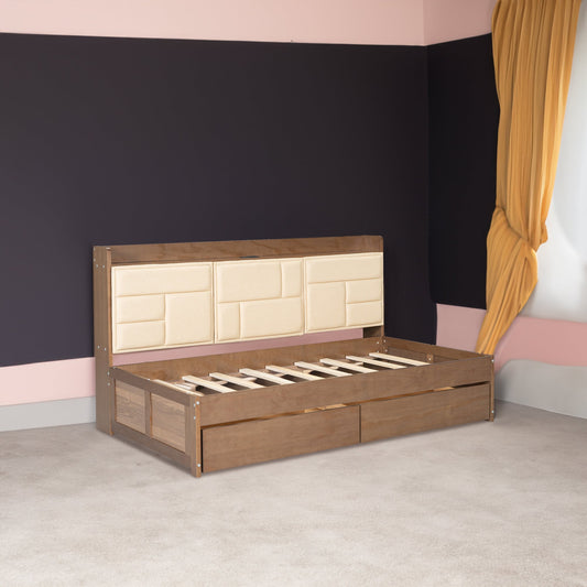 Twin Size Wood Daybed – Upholstered Backrest, Storage Shelves, USB Ports & 2 Drawers  Multi‑Function Guest & Kids’ Room Bed