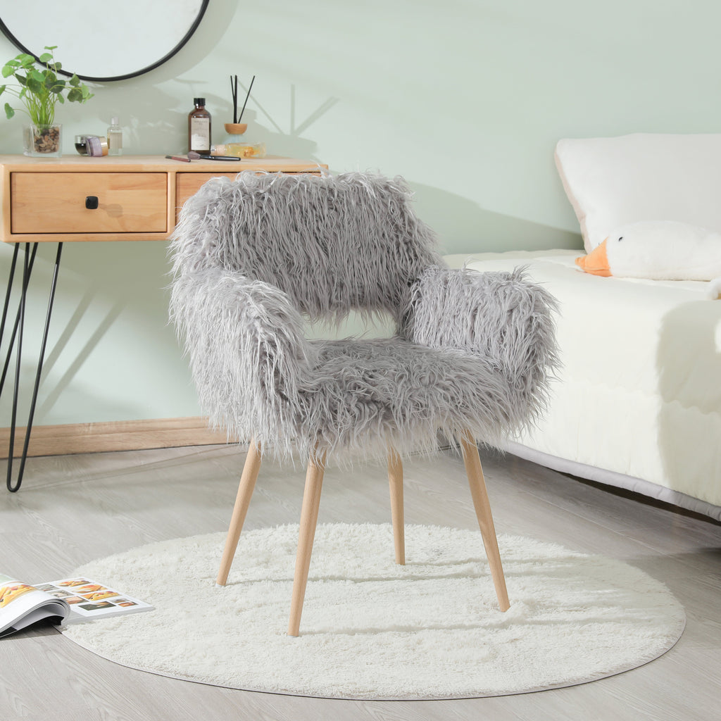 Grey Faux Fur Upholstered Chair – Makeup Vanity & Side Dining Accent with Beech‑Tone Metal Legs