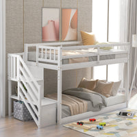 Twin Over Twin Floor Bunk Bed – White Finish, Built‑In Ladder & Storage Shelf  Space‑Saving Kids’ Room Solution