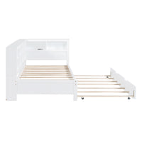Twin Size Wooden Daybed with Trundle – White Finish, Built‑In Shelf & USB Charging Ports  Space‑Saving Guest & Kids’ Room Solution