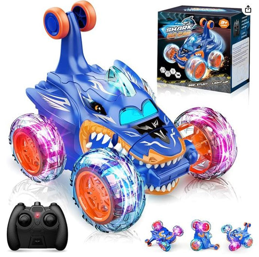 Remote Control Stunt Car Shark RC Toy – 360° Rotating, LED Lights, Outdoor RC Car for Kids (Blue)