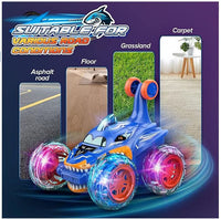 Remote Control Stunt Car Shark RC Toy – 360° Rotating, LED Lights, Outdoor RC Car for Kids (Blue)